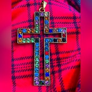 huge crystal cut out cross 3" hi gold tone vintage Marked necklace multicolor